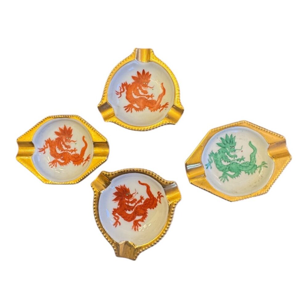 GRO. Meissen Set Of 4 Vintage Dragon Porcelain Ashtrays Handpainted Gold Trim Ja